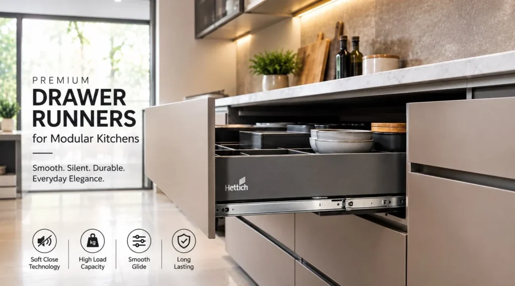 Hettich drawer runners for smooth modular kitchen storage
