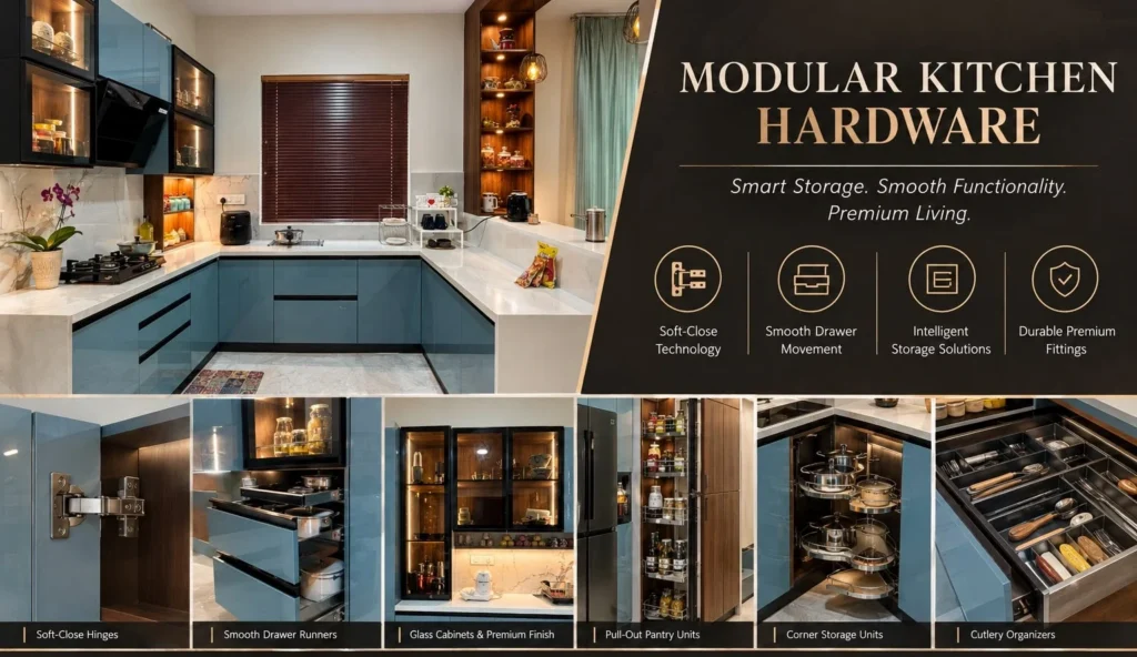 Modern modular kitchen with functional cabinet hardware and drawer systems