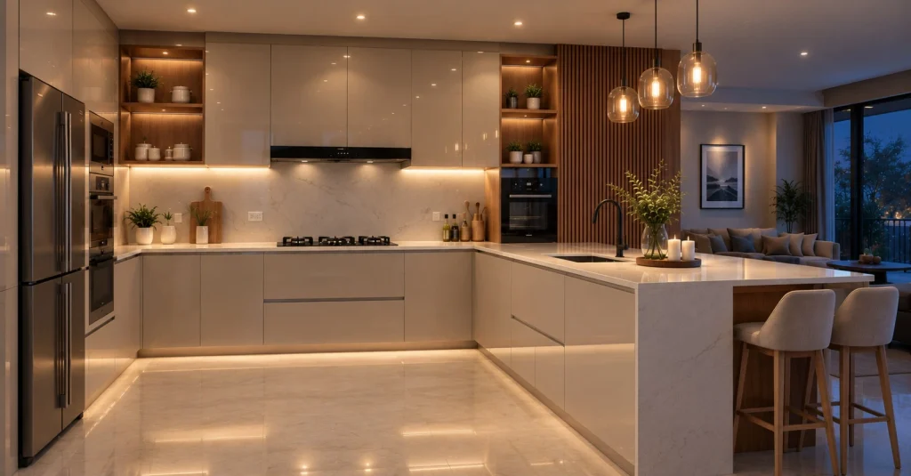 Modern acrylic modular kitchen with glossy cabinets

