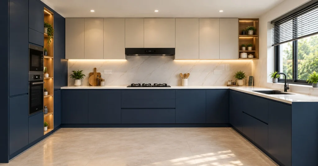 Modern laminate modular kitchen with matte finish cabinets
