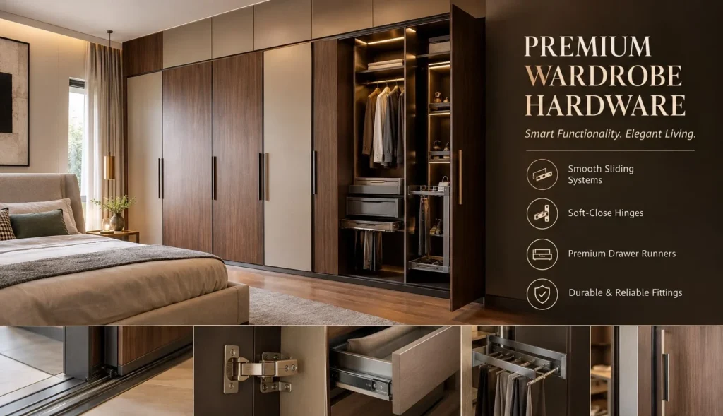 Premium wardrobe hinges and sliding door hardware for modern bedrooms
