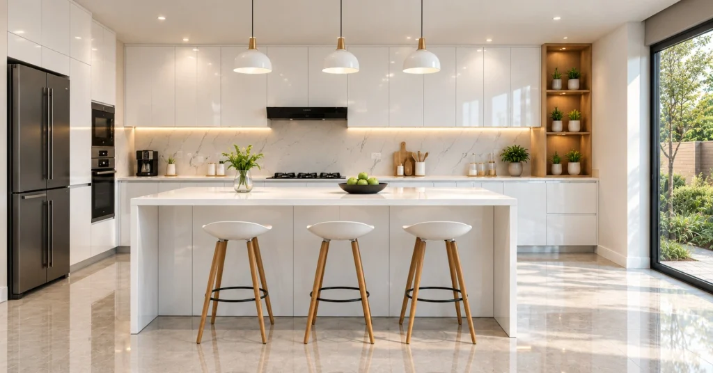 White acrylic kitchen cabinets in a modern modular kitchen
