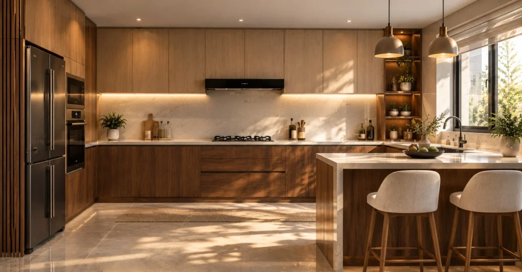  Wood finish laminate kitchen cabinets with modern storage
